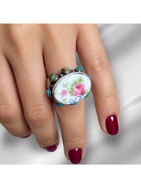Sterling Silver Turquoise & Broken China Rose Ring, Size 8.5
